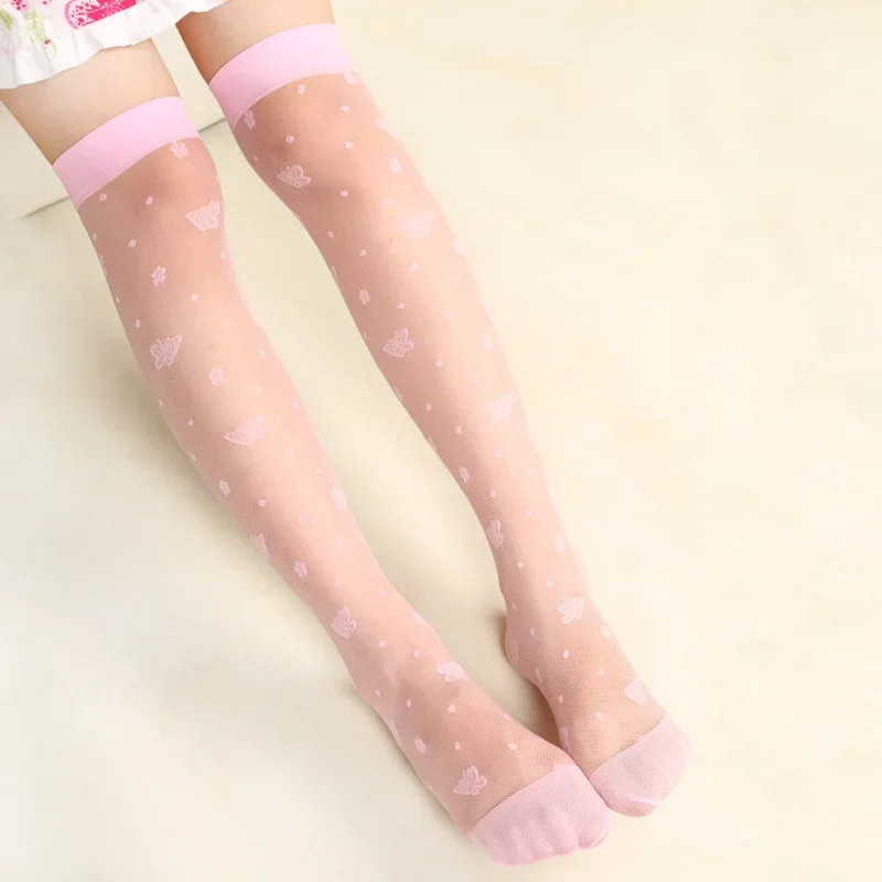 Spring Summer Mesh Silk Ultra-thin Knee High Long Socks Cute Children Girls White Cat Butterfly Print Dance Lolita JK Stockings