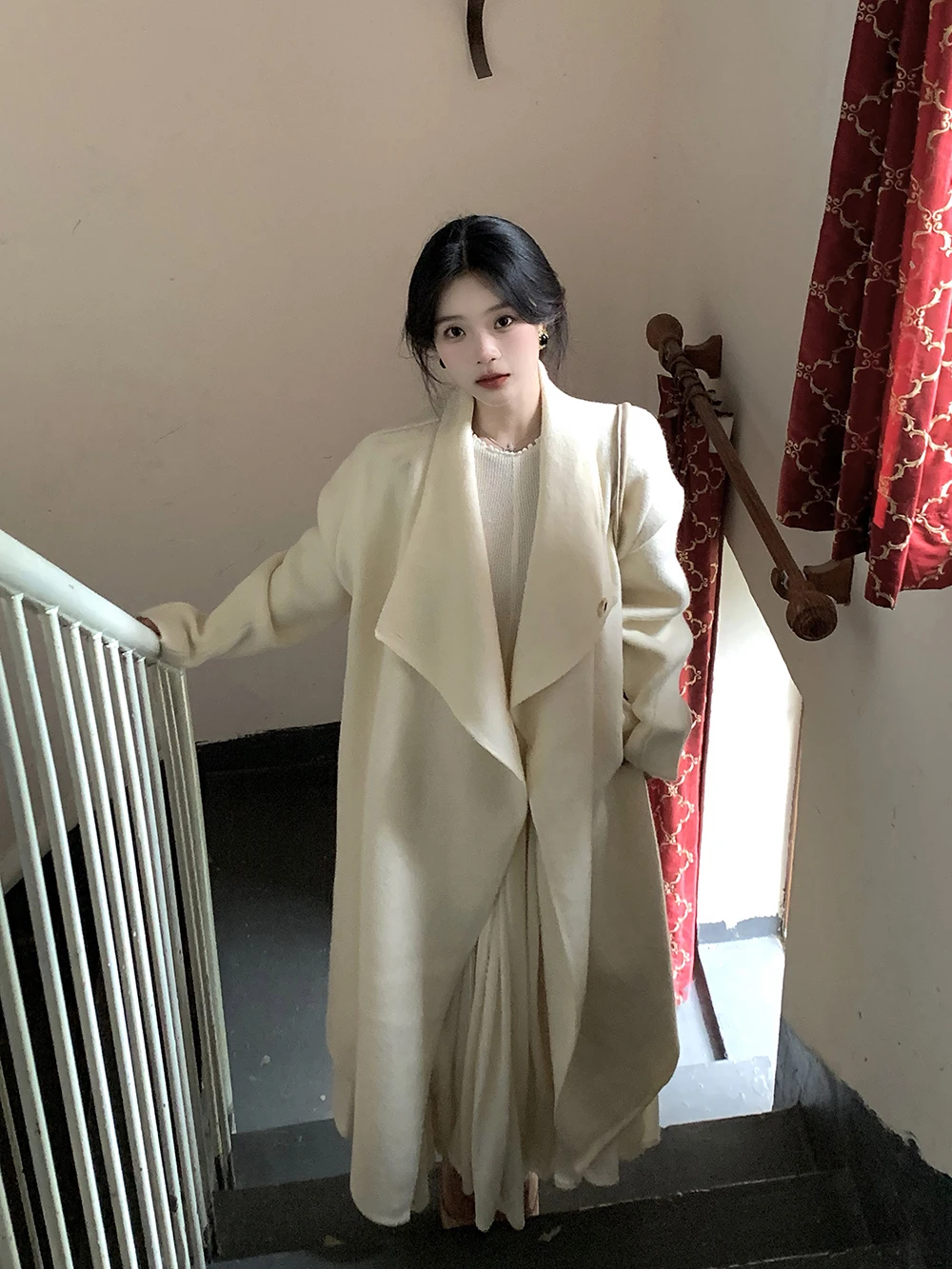 

Длинное вязаное пальто Ele для женщин, матовый воротник, роскошная верхняя одежда, модный свитер премиум-класса для девочек