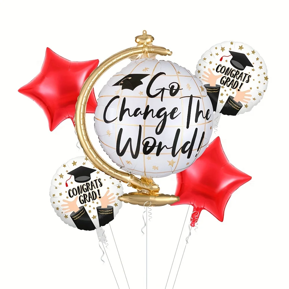 Juego de 5 globos de aluminio para la temporada de graduación, globo de graduación, bola redonda, estrella de cinco puntas, deseos de feliz graduación para ti, adecuados para recuerdos y decoraciones fotográficas de la temporada de graduación