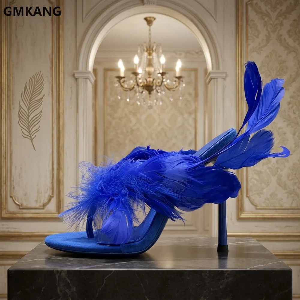 2026 Summer Women High Heels Slippers Round Open Toe Feather Stiletto Sandals Sexy Party Dress Shoes Casual Beach Flip