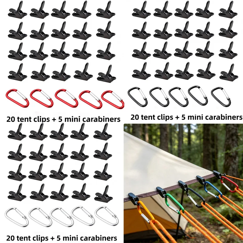 25-Piece Set (20 Tent Clips + 5 Small Carabiners) Outdoor Tent Clips, Tent Hooks, and Round Clips for Securing Waterproof Tarpaulins and Sunshades, Suitable for Camping Gear