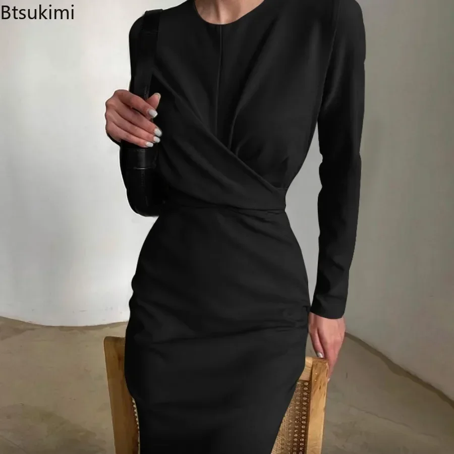 2024 Sandro Rivers Temperament Long sleeved Dresses For Women Spring Autumn French Retro Waist Slim Fit Slim Wrap Hip Long Dress