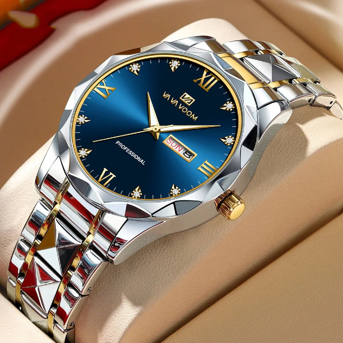 

Waterproof Precision Steel Band Men's Watch New Quartz Watch Calendar Business Blue Room Gold Watch Men's Watch