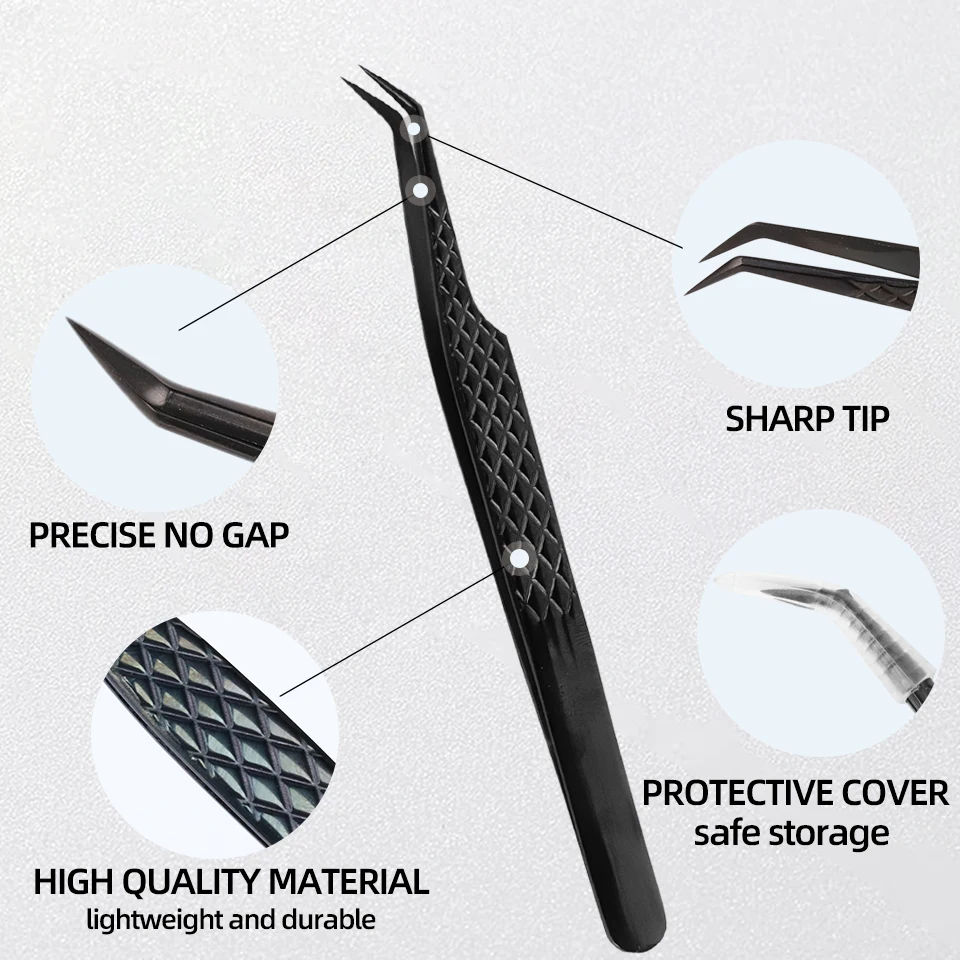 

Free Design Custom Logo 45 75 90 Degree Stainless Steel Eyelash Extensions Tweezers Fiber Tips Curved Volume Eyelash Tweezers