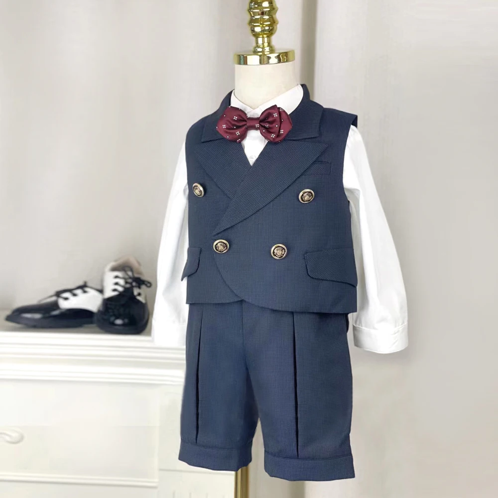 Boys Tuxedo Children Formal Wedding Suit Kids Grey grid Vest Short Botwtie  Suit Flower Boys Birthday Party Dress Costume