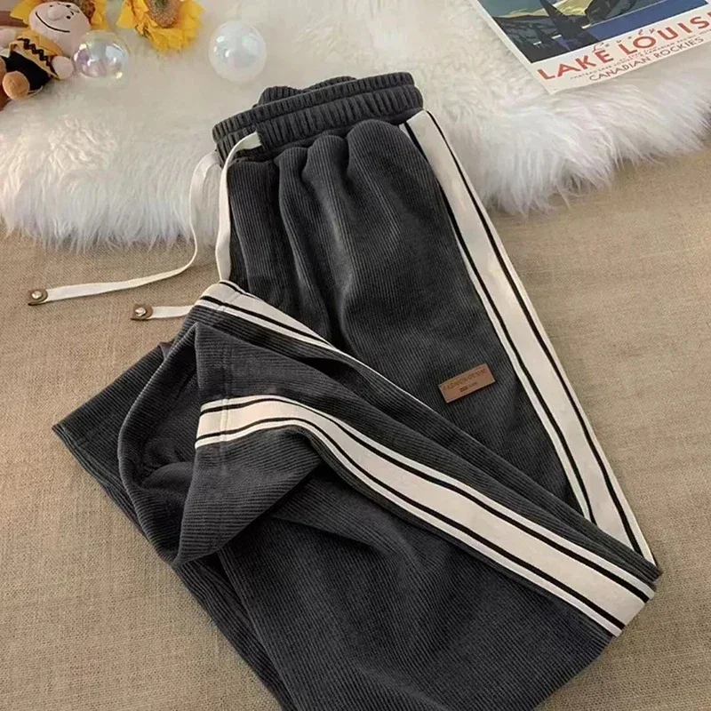 Pantalon de survêtement rayé en velours côtelé pour femme, Streetwear optique, pantalon large, Y2K, Harajuku, jogging taille haute, Baggy coréen, fjgy, 2024