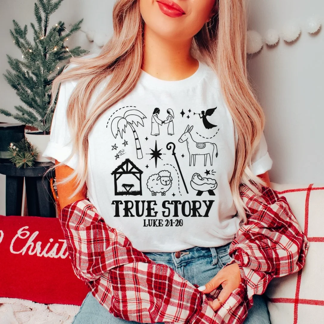 Retro True Story Luke Religious Women's Short Sleeved Fun Casual T-Shirt Printed Pattern Holiday Christmas New Year T-Shirt