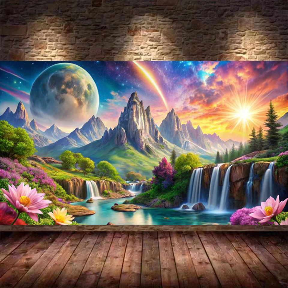 다이아몬드 페인팅 새로운 2025 대형 태양 행성 폭포 산 풍경 전체 모자이크 자수 키트 라인 석 그림