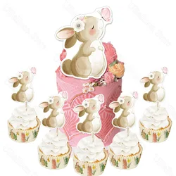 13Pcs Cute Rabbit Cake Toppers Pink Buterfly Rabbit Cupcake Stand Toppers for Happy Birthday Baby shower Party Cake Decoration