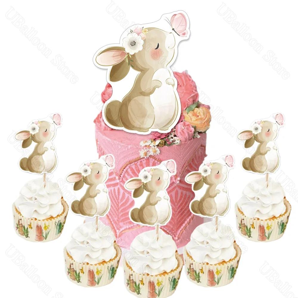 13Pcs Cute Rabbit Cake Toppers Pink Butterfly Rabbit Cupcake Stand Toppers for Happy Birthday Baby shower Party Cake Decoration