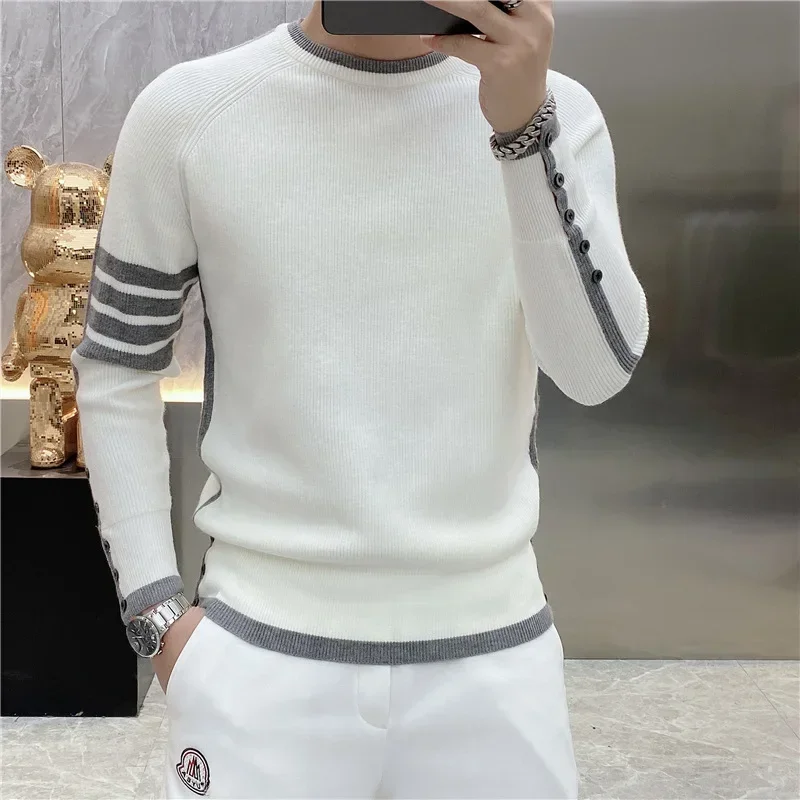 Long Sleeve Autumn/winter Stylish Striped Knitted Top Casual Round Neck Pullover Sweater Trendy For Young Men