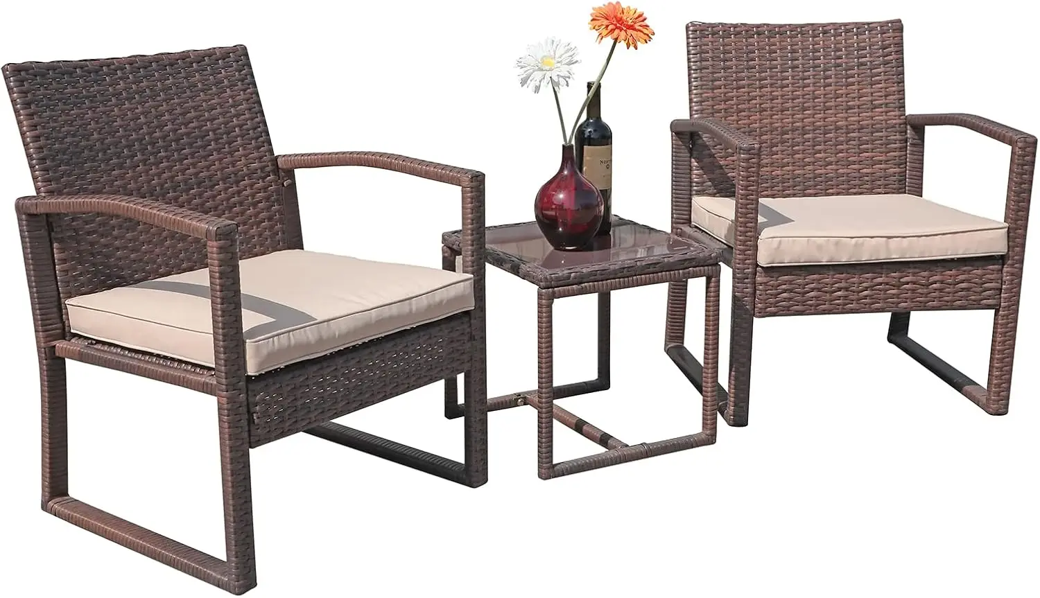 3 Pieces Outdoor Patio Furniture Set,Outdoor Wicker Conversation Set, Patio Rattan Chair Set,Modern Bistro Set with Coffee Table