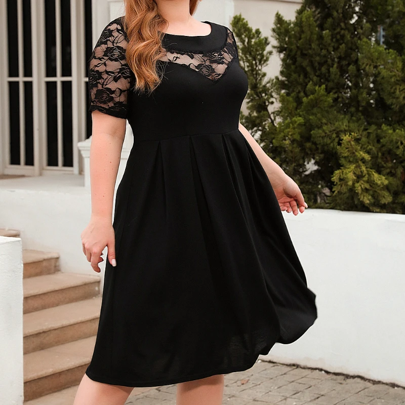 Plus Size w stylu casual, czarny sukienka koronkowa łączona wycięcie pod szyją krótki rękaw z wysokim stanem marszczona modna elegancka damskie