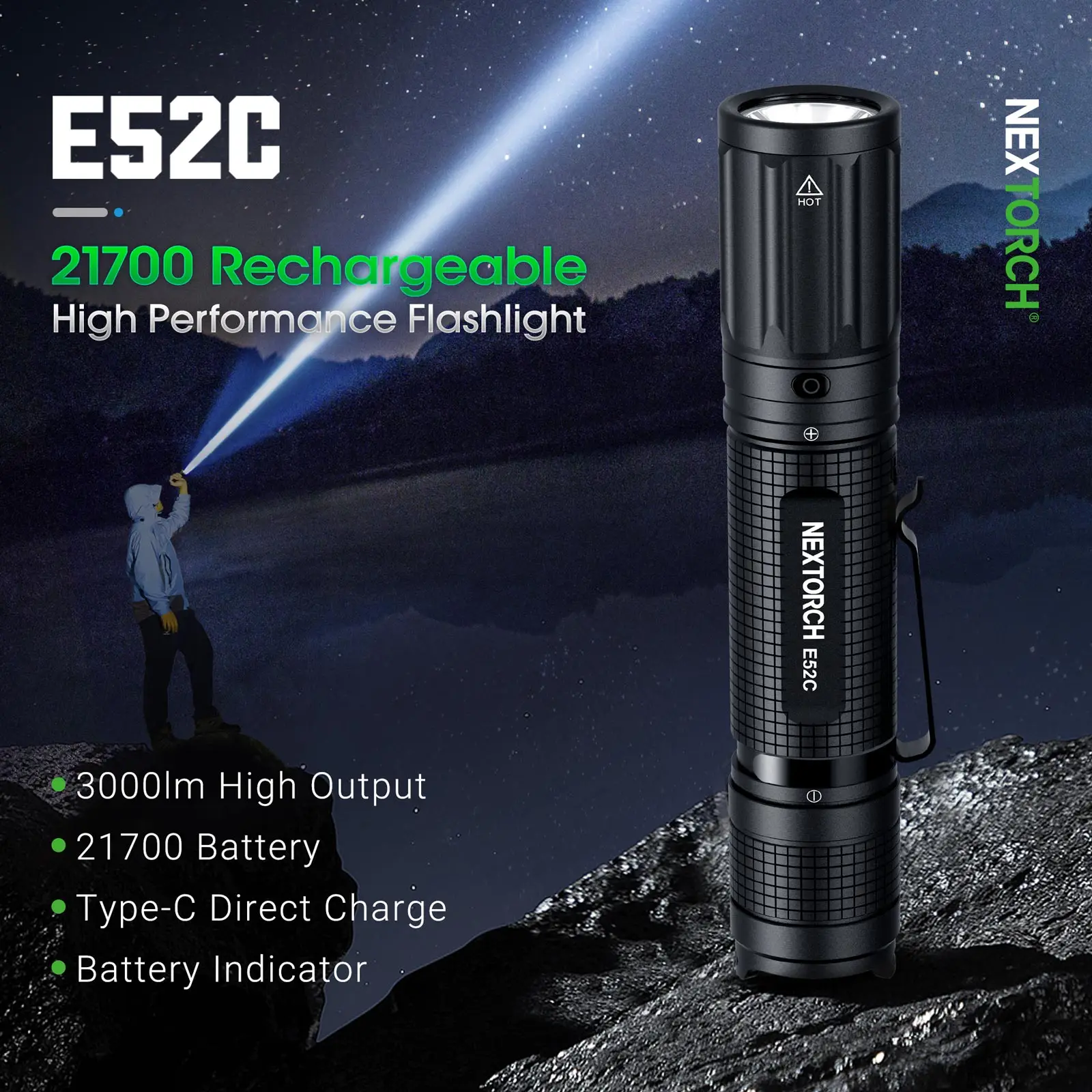 NEXTORCH E52C 3000 Lumens High Powerful Flashlight Type-C Rechargeable Led Flashlight Mini Handheld EDC for Outdoor