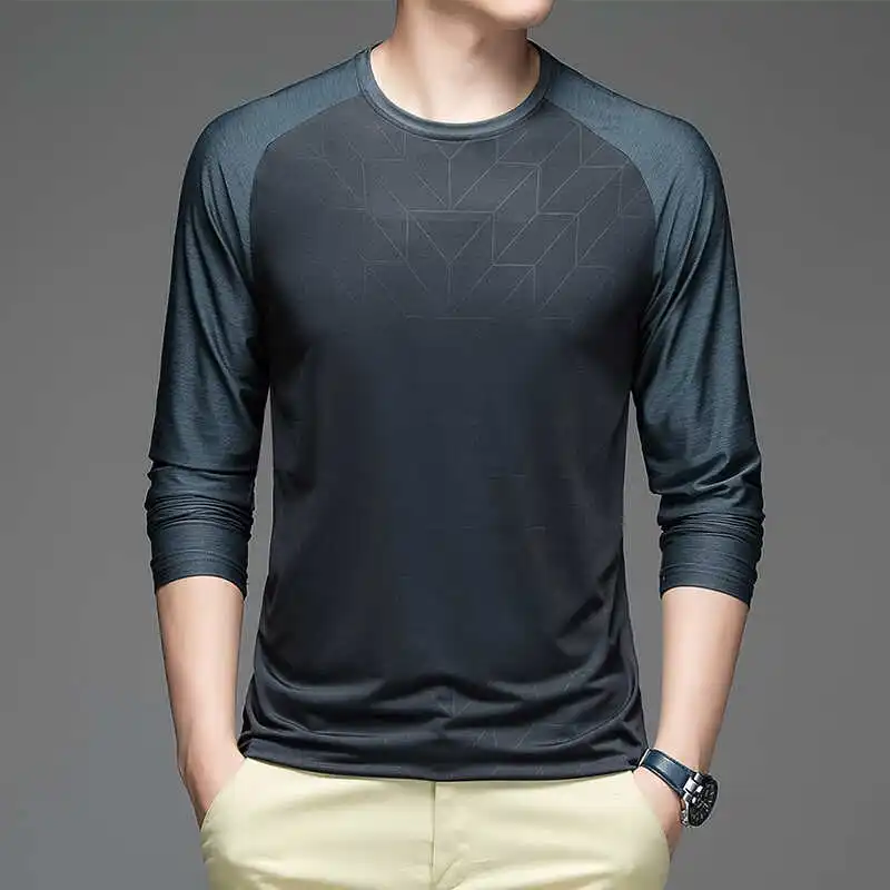 Spring Summer Long Sve Sports Ice Silk Thin T-irt Men's Fitn Elastic oulder Insert Busin Casual Urban Sle T-irt