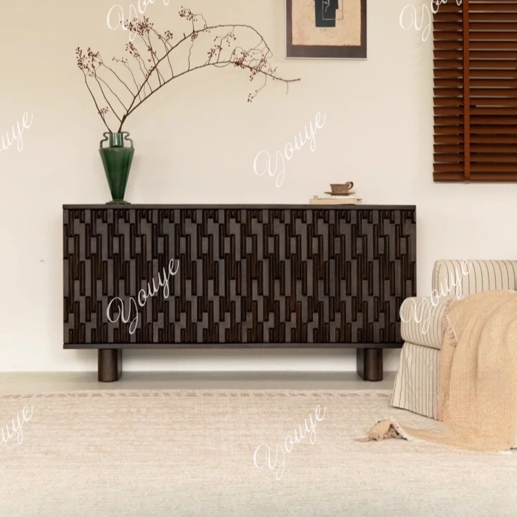 

X Medieval solid wood dining side cabinet, retro relief living room integrated storage cabinet against the wall