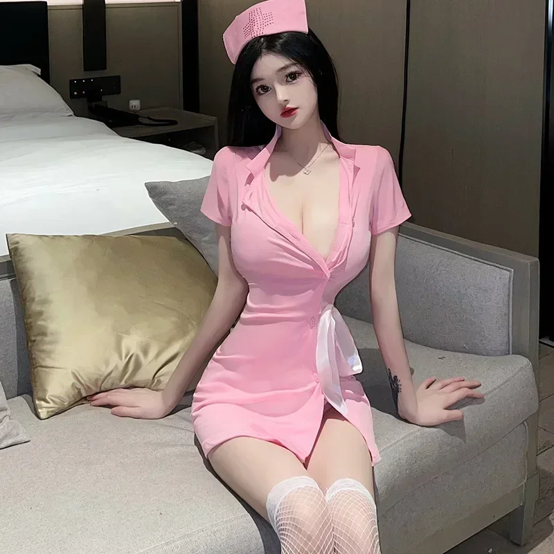 String Bodysuit Lingerie Sexy Pajamas Cute Pink Cardigan Button Up Skirt Nurse Rhinestone Stretch Uniform Pajamas Set  Nightgown