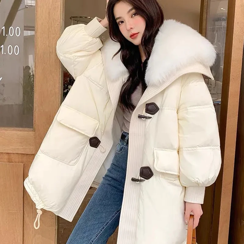 2025 New Winter Down Jacket Women Overcoat Imitation Fox Fur Collar Horn Buckle Long Thick Parker Coat Down Jacket Fur Coat