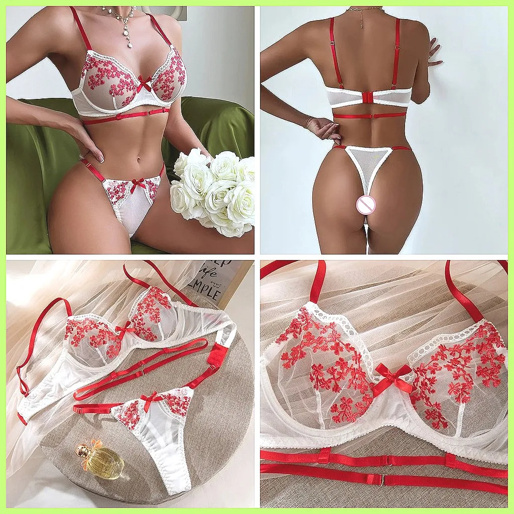 

Boho Lingerie Set 2-Piece Lace Push Up Bra & High Waist Thong, Floral Embroidery Fairy Core