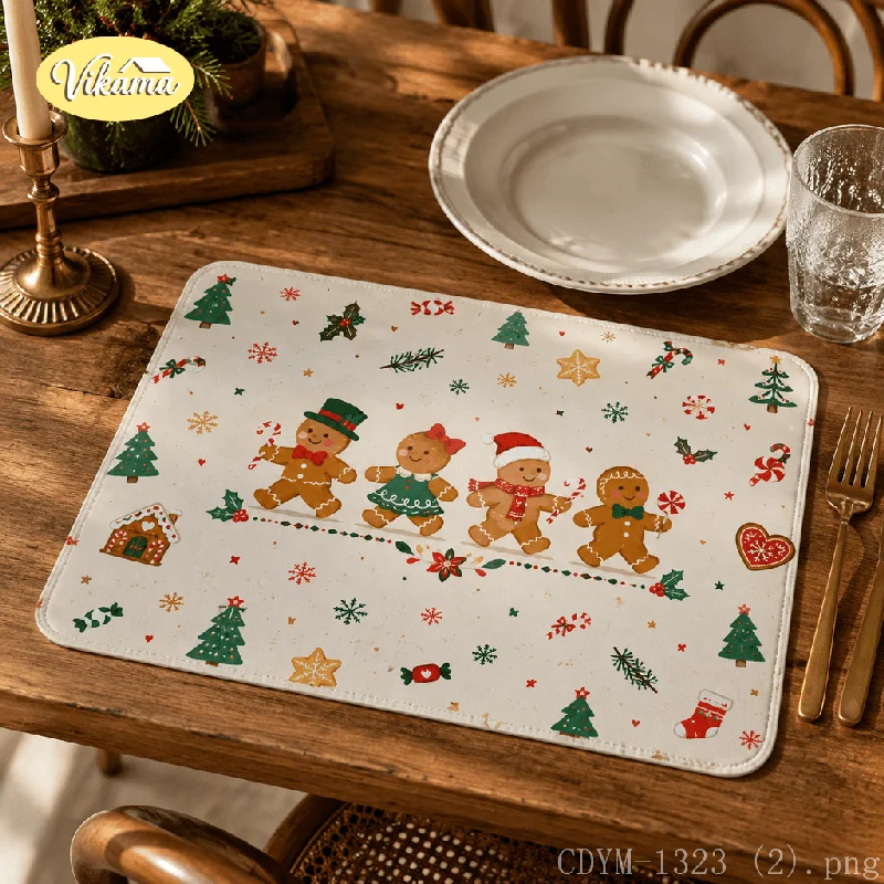 VIKAMA Christmas Placemat Gingerbread Man Holly Berries, Waterproof Oil-Proof Heat-Resistant Holiday Table Mat for Home