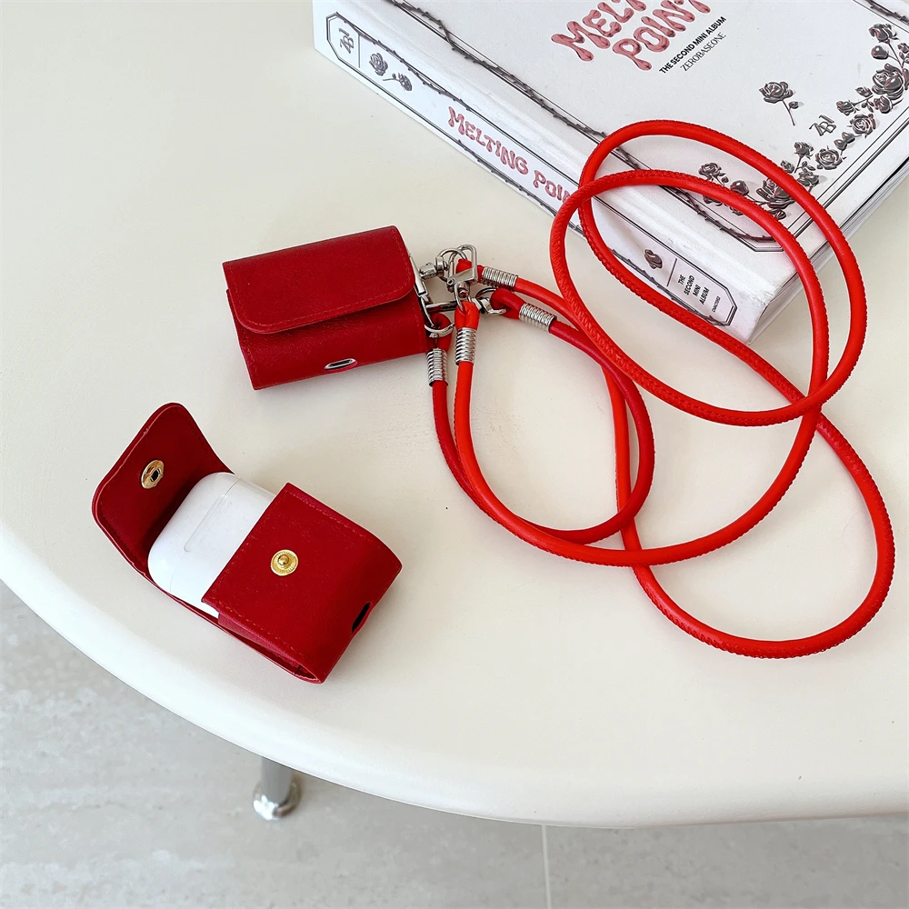 Business Style PU Leather Earpods Case for Apple Airpods 1 2 3 4 Pro 2 Wireless Earphone Cover Charging Bag Lanyard Rope Strap