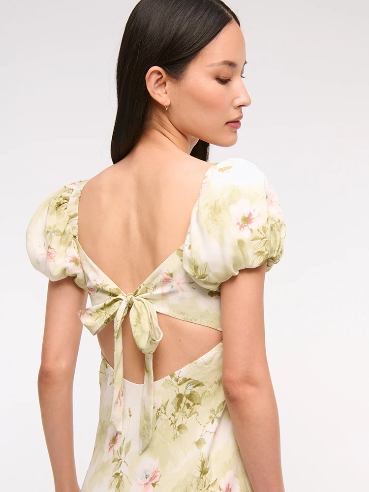 VC Elegant Floral V-Neck Midi Dress with Puff Sleeves and Back Cut-Out for a Spring Party