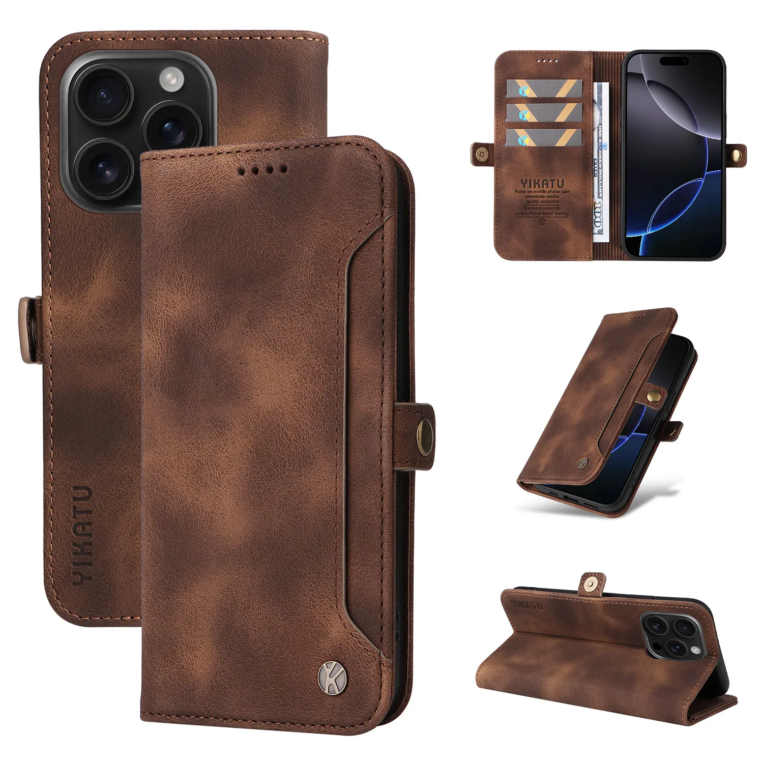 

YIKAYU Mobile Leather Pocket Cover Skin Stand Card Holder Wallet Phone Case For iPhone X XS XR 11 12 13 14 15 Plus 16 Pro Max