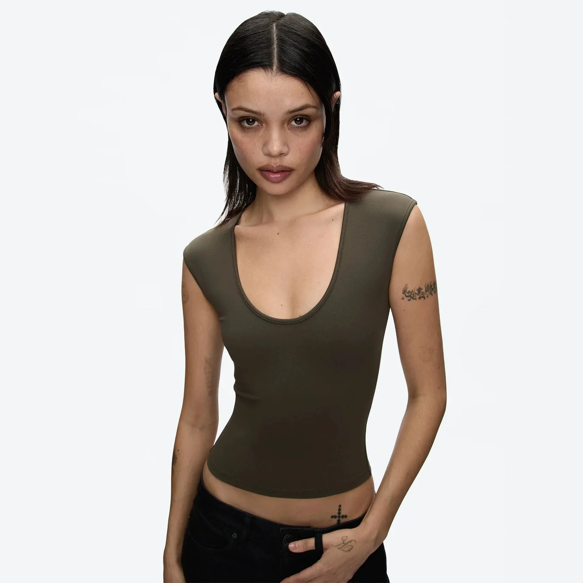 Tank  air  Mangosteen Purple Slimming High Elastic Crop T-Shirt Slimming Sleeveless Stretchy Crop Trendy Minimal U-Neck Tank Top