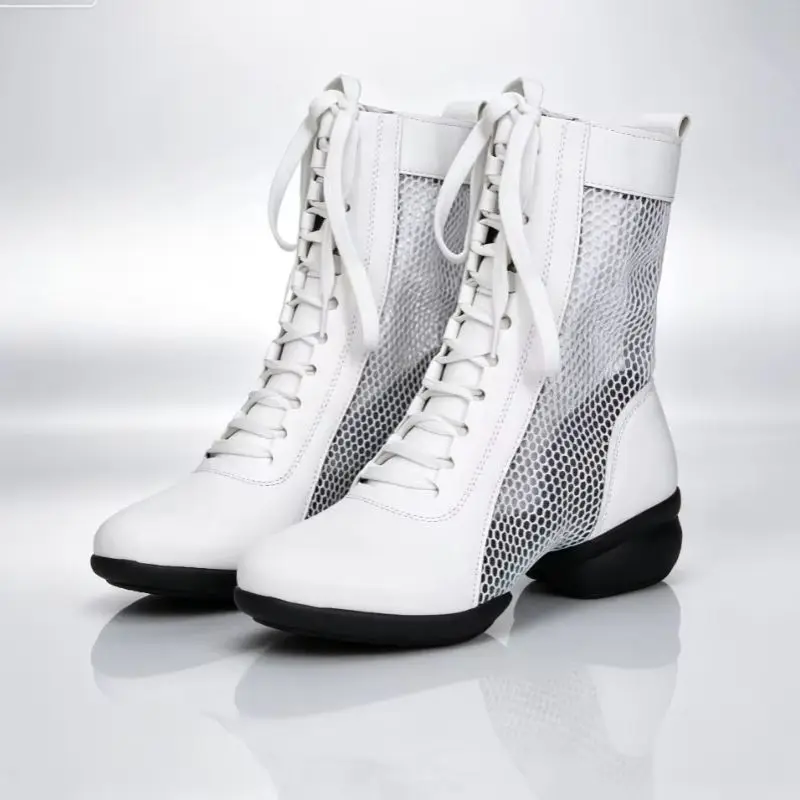 Women's Breathable Mesh Leather Dance Boots Lace-Up Mid-Calf Low Block Heel for Salsa Ballroom Tango Performance Dancing Shoes