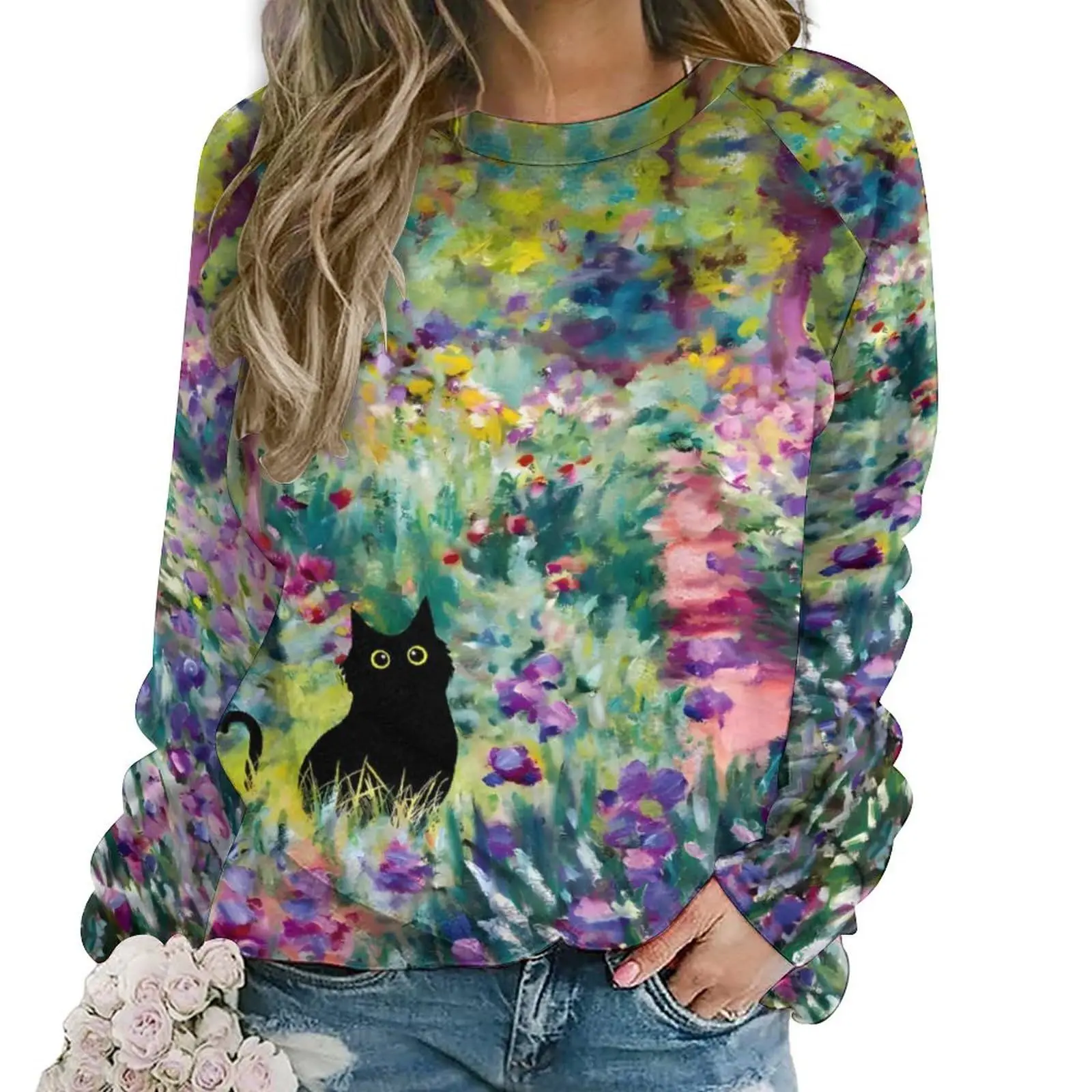 Cute Cat Floral Sweatshirts Flower 3D Print Women New O-Neck Hoodies Casual Streetwear Y2k Pullovers Harajuku Top Woman Clothing