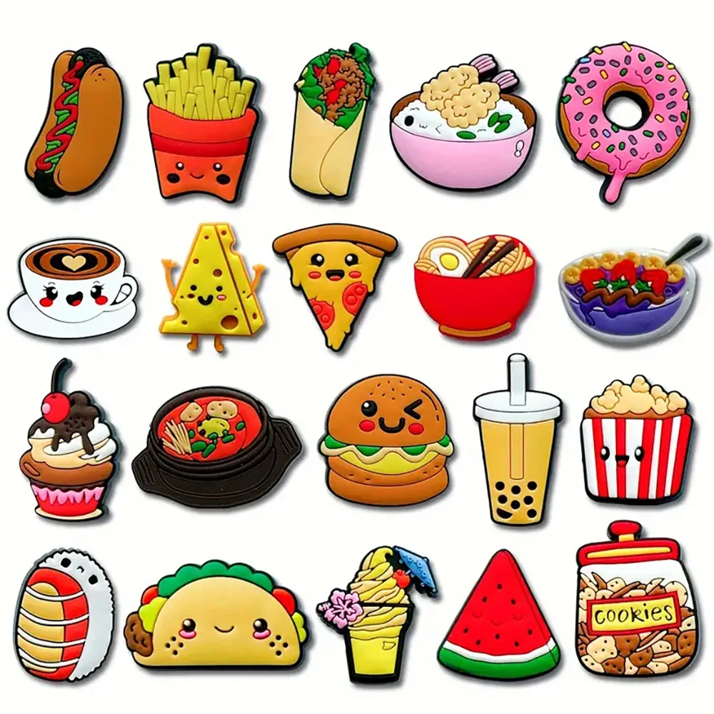 5-30PCS Doughnut and French fries pizza food drink Shoe Charm Mix Wholesale PVC Decor Buckle Detachable DIY Waterproof Xmas Gift