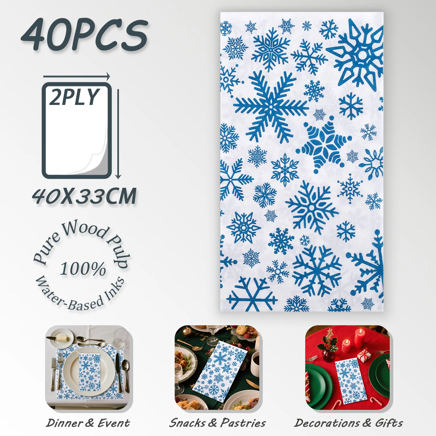 

40 шт., синие зимние снежинки, одноразовые декоративные бумажные салфетки с принтом для ужина, 33x40 см, бумажные полотенца для рук на Рождество