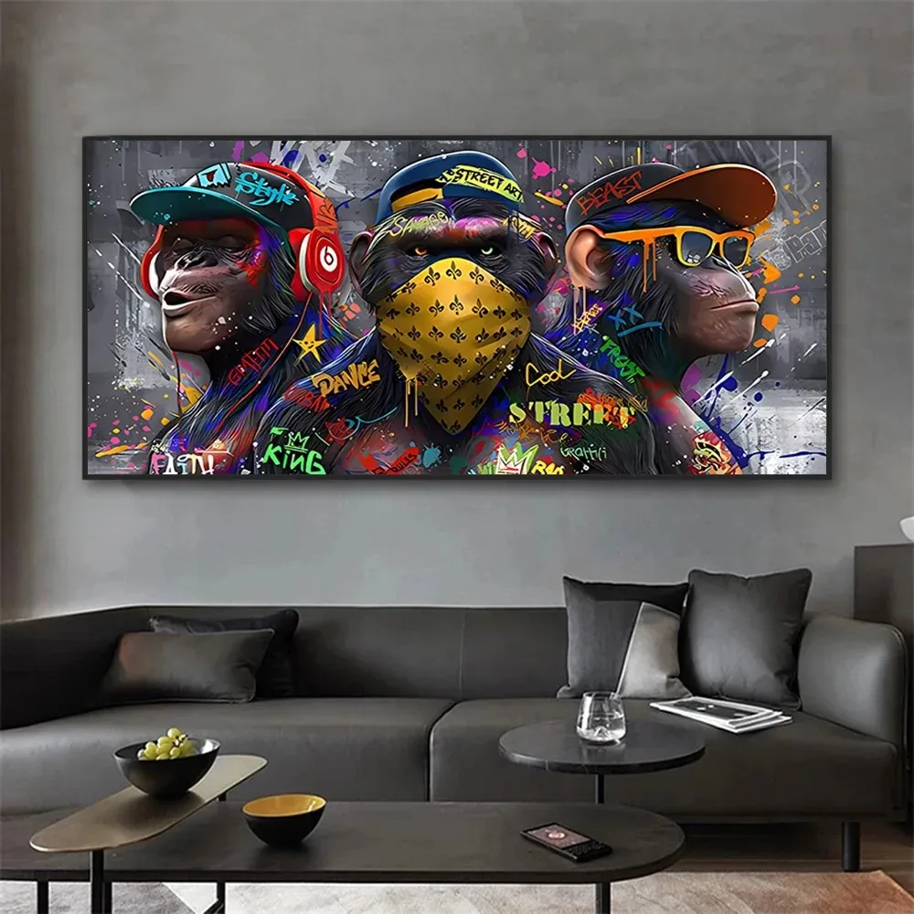 

Graffiti Art Canvas Painting Three Monkeys Hip Hop Combination Art Poster for Home Wall Decoration Painting Gift