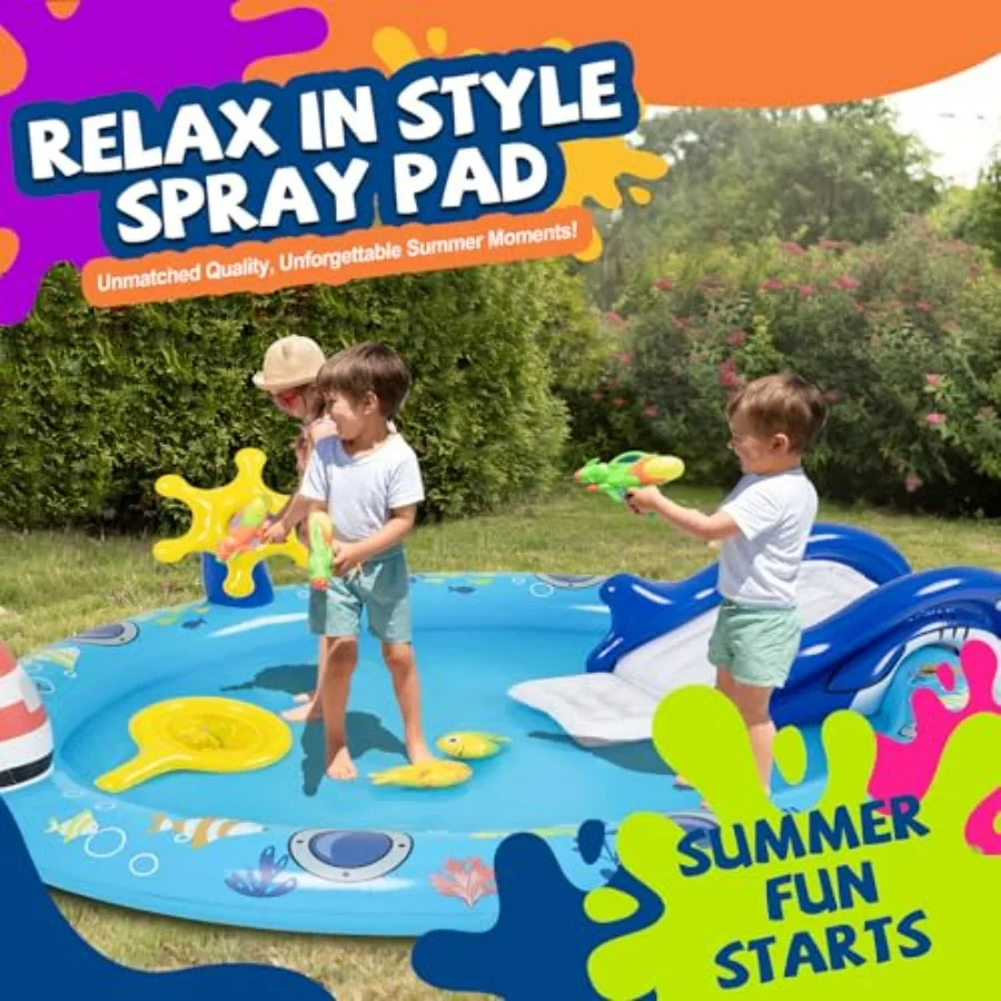Inflatable Swimming Pool Water Slide for Outdoor Play, PVC Blue Round Spray Pool Play Center with Quick-Inflation Design