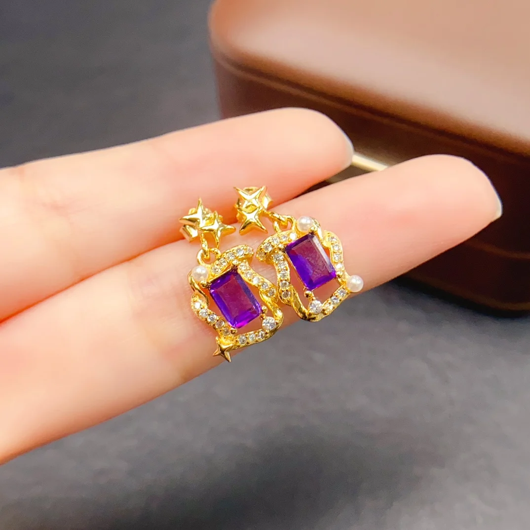 4*6mm 천연 자수정 귀걸이 S925 스털링 실버 인증서 고급 패션 참 웨딩 주얼리 여성용 FS