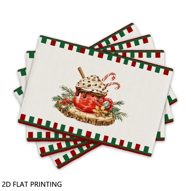 Christmas Hot Cocoa Candy Cane Print Linen Placemats, Red‑Green Checkered Border Pine Berry Pattern Table Mats for Xmas