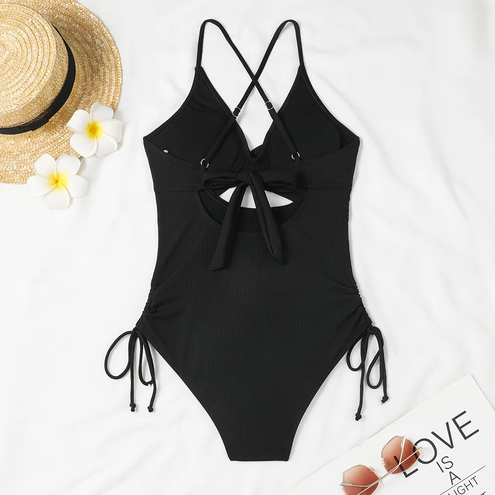2025 Summer Women V Neck Sexy Hollow Out Sleeveless Bodysuit Swimwear One Piece Suit Bandage Lace-Up Solid Color Womens Clothes