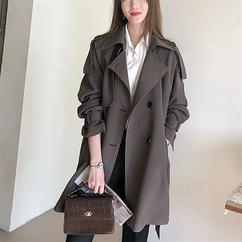 

Women British Style Windbreaker Streetwear Double Breasted Trench Coats Elegant Autumn Winter Khaki Or Black Jackets