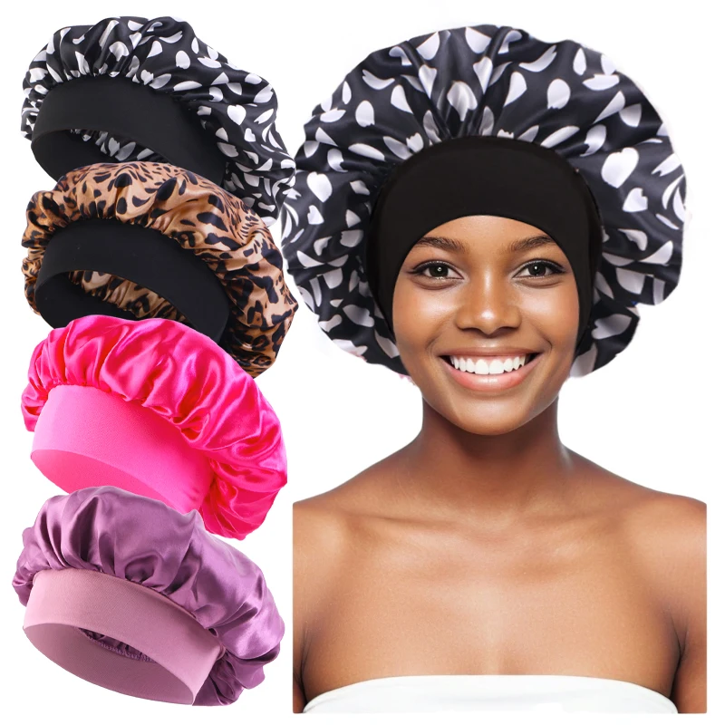 4 TEILE/LOS Satin Breite Krempe Floral Schlummertrunk Motorhaube Haar Wrap Nacht Schlafen Schlaf Kappe Elastische Weiche Band Haarpflege Dusche hut – Detail 12