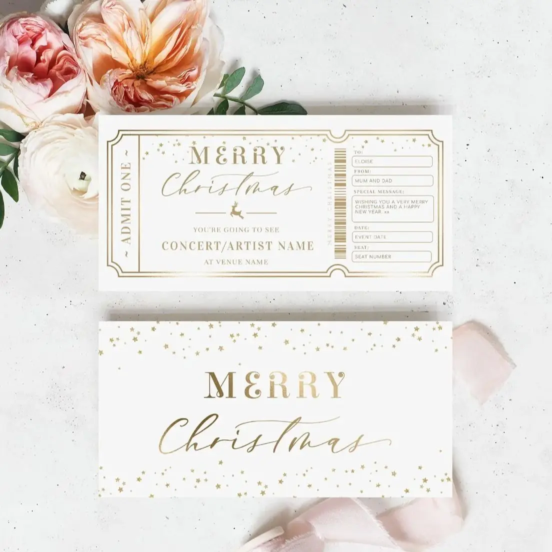 Printable Christmas Golden Ticket Custom Gift Voucher Christmas Gift Certificate Unisex Christmas Printable Present Coupon Card view 3