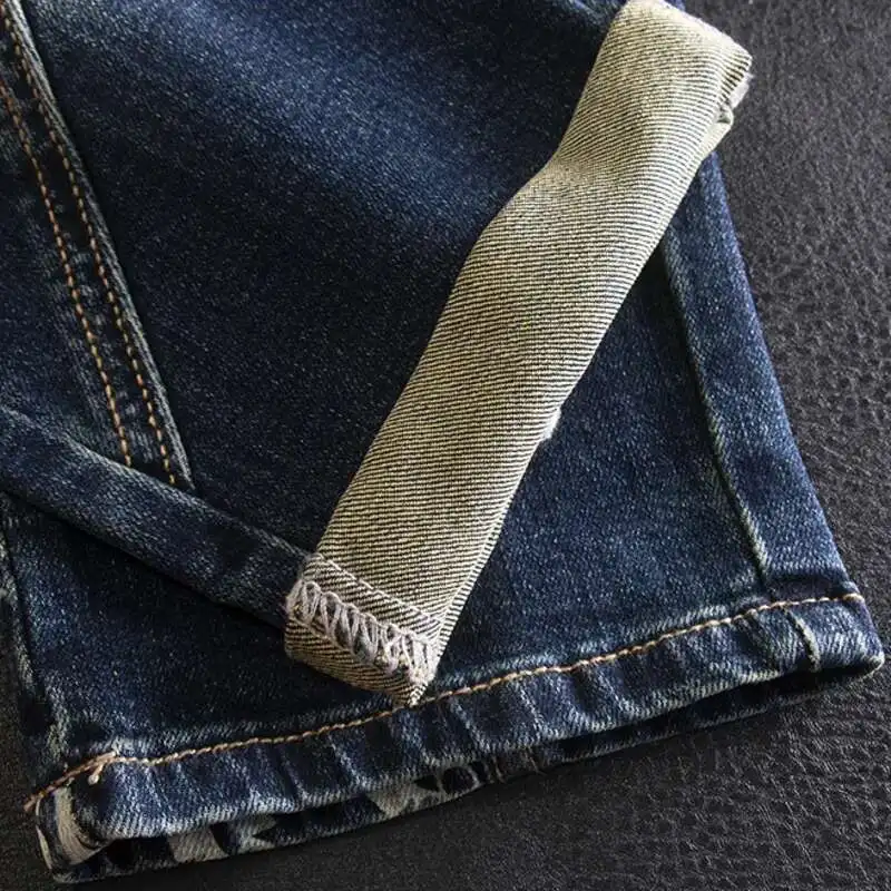 Fashion High Quality High Street Stitching Printed Men\'s Jeans Men Legging Slim Fit Men\'s Jeans American Style Pattern Jeans