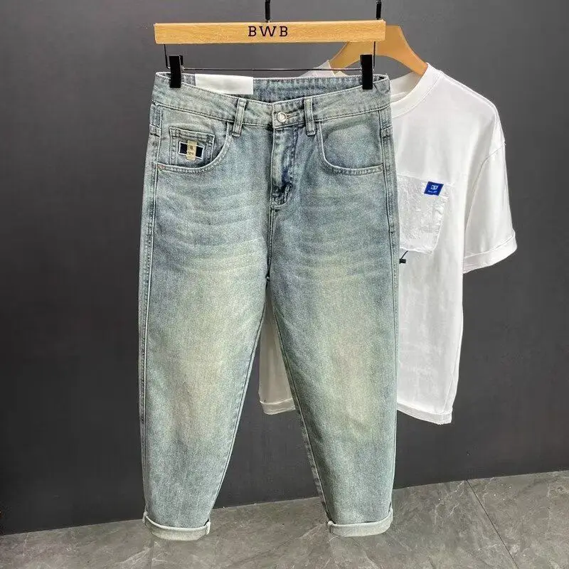 High Street Men's Deisgner Jeans New Spring Autumn Light Blue Loose Straight Leg Casual Denim Pants Slim Fit Washed Trousers