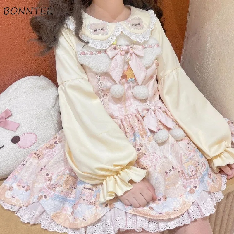 Peter Pan Collar Shirts Women Lolita Kawaii Embroidery JK Basic Japanese Style Girls Puff Long Sleeve Tops Chic Teens Vintage