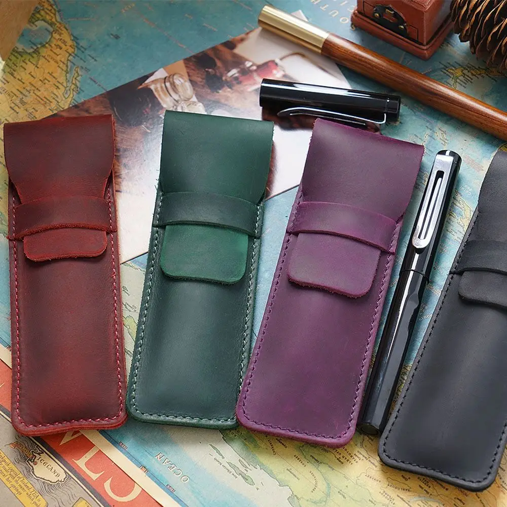 Retro Zipper Cowhide Pencil Case Pencil Holder Handmade Pen Protective Bag Leather High-end Pen Sleeve Pouch Journal