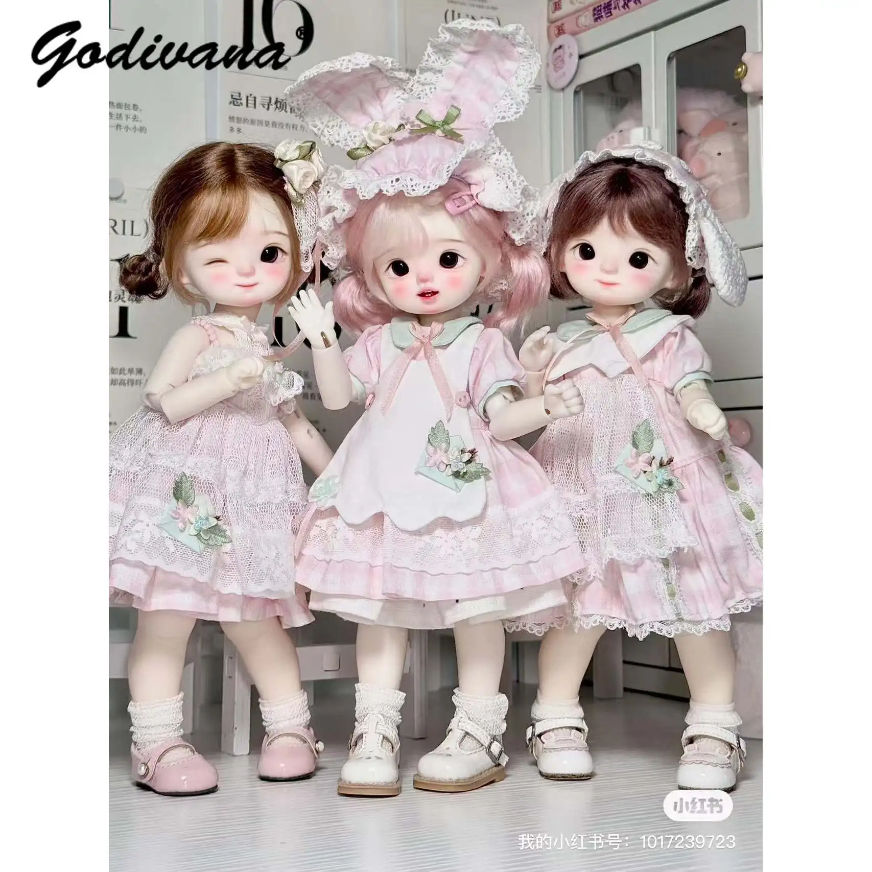 Sweet Pink 1/6 Ob22 BJD Doll Clothes Lace Gingham Lolita Dress 3D Floral Mesh Patchwork Gown Set for 1/6 BJD Doll Accessories