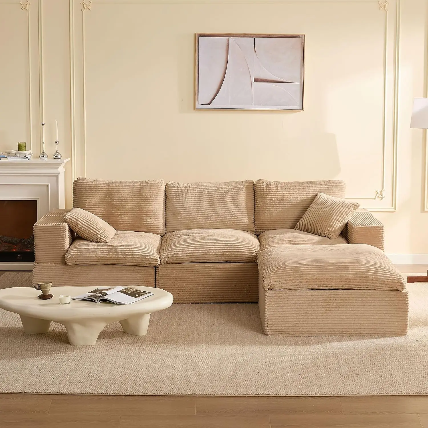 Corduroy Modular Sectional Sofa, Convertible L Shaped Deep Seat Couch Bed For Living Room, 106.3