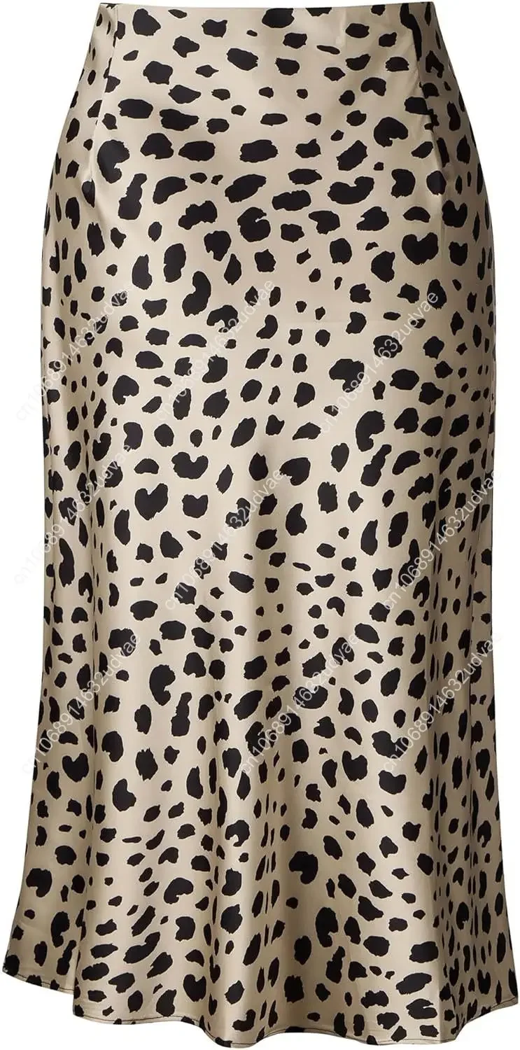 تنورة نسائية بطبعة الفهد ميدي طويلة الطول من الساتان الحريري بخصر عالٍ تنانير مرنة #2