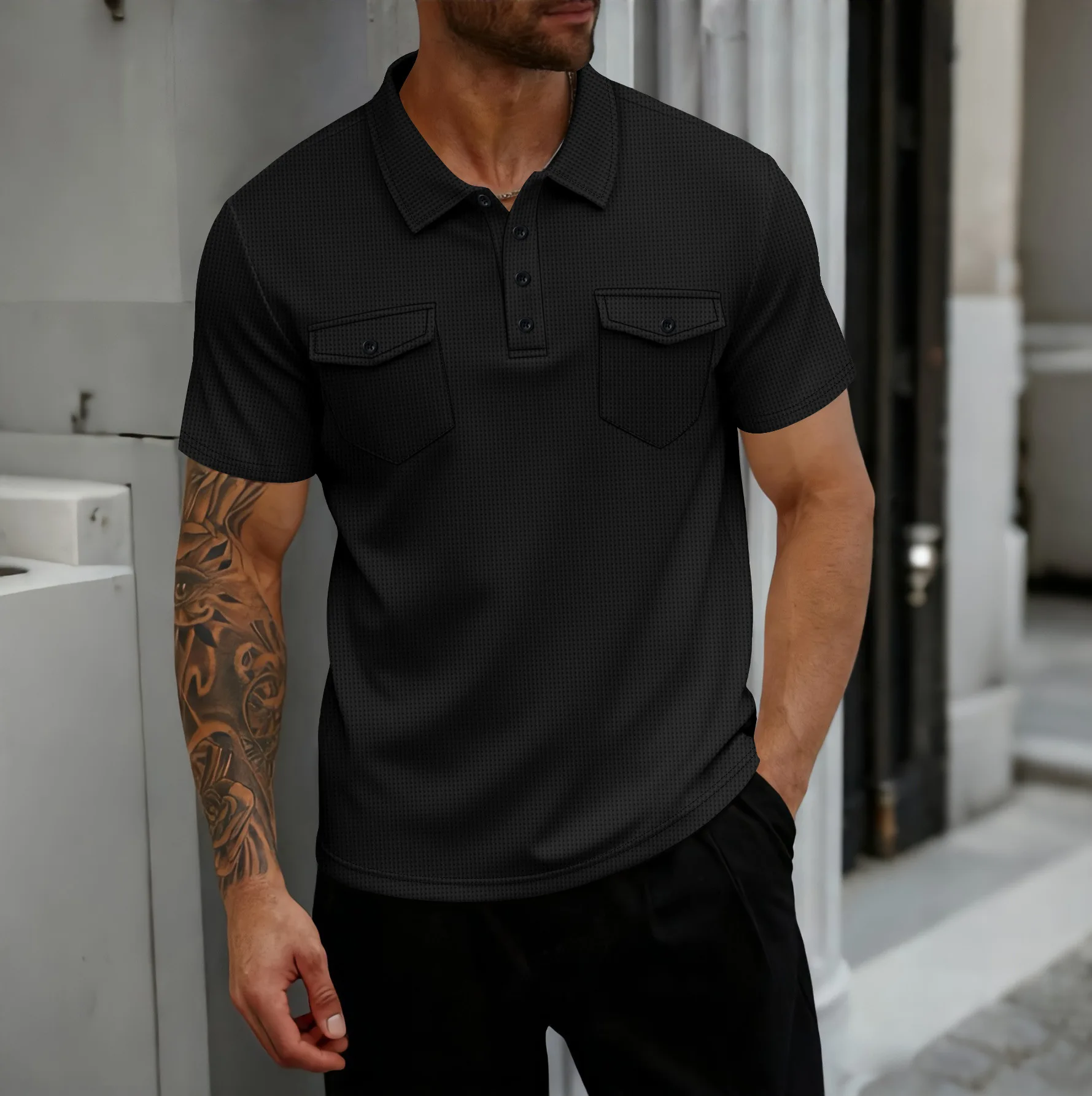 Summer Solid Polo Shirt for Men, Waffle Knit Lapel Short Sleeve Casual Tops Outdoor Daily