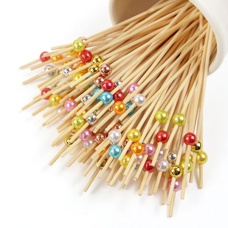 100pcs Gold Silver Beads Bamboo Fruit Salad Snack Sticks Cocktail Decor Buffet Toothpicks Skewer Wedding Birthday Party Supplies