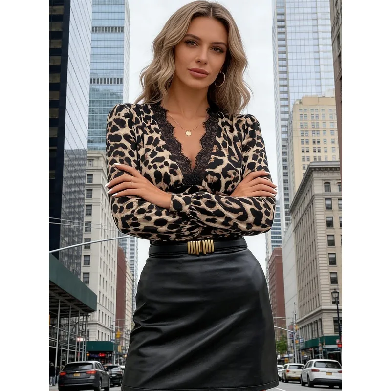 Retro Casual Spitze Patchwork Leopardenmuster V-ausschnitt Slim Fit T-shirt Frühling und Herbst Sexy Langarm Pullover Top für Frauen